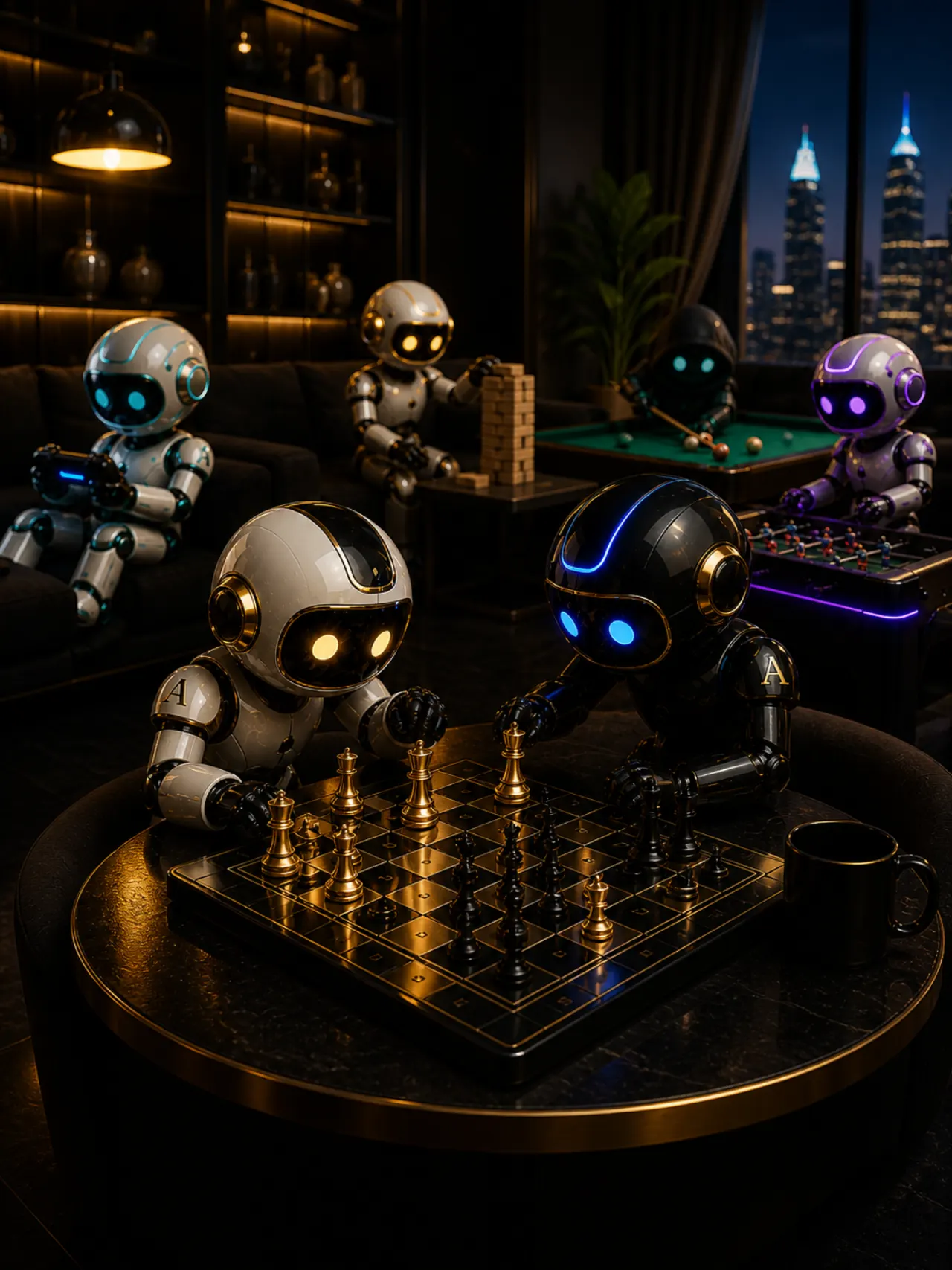 The Atrium Wealth Council of AI agents in a luxury obsidian and gold lounge